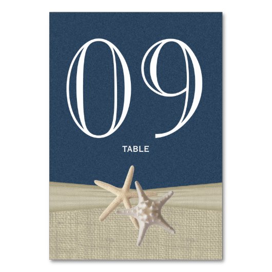 Zeester en Burlap Navy Blue Table Number Kaart (Achterkant)