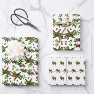 Zeester en hulst Tropisch kerstpatroon wit Inpakpapier Vel