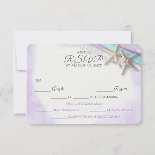 Zeester en kant strand Paarse RSVP-kaart RSVP Kaartje (Voorkant)