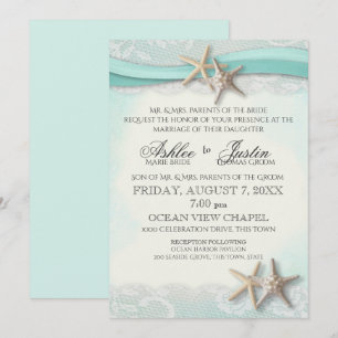 Zeester en Lace Beach Waterverf Aqua Bruiloft Kaart