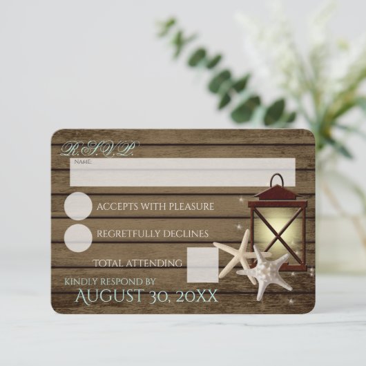 Zeester en Lantaarn Wood Rustic Beach Response RSVP Kaartje (Staand voorkant)