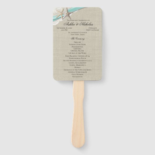 Zeester en lint Aqua bruiloft programma Fan Handwaaier (Voorkant)