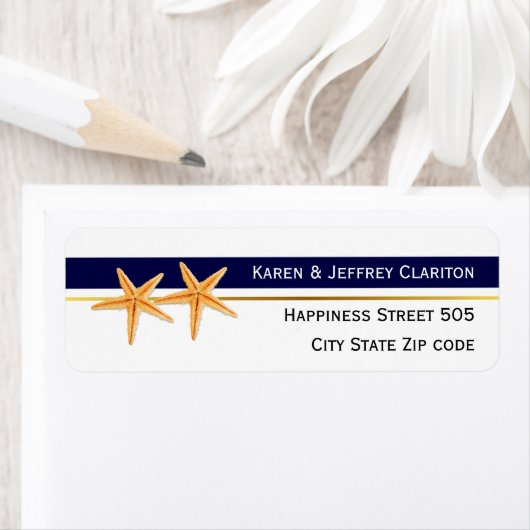 Zeester en marine blauwe streep moderne strand bru etiket (Insitu)