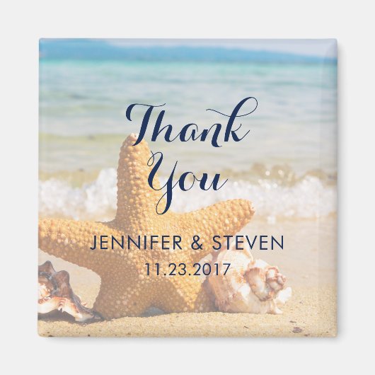 Zeester en schelpen op het strandDank je wel Magneet (Voorkant)