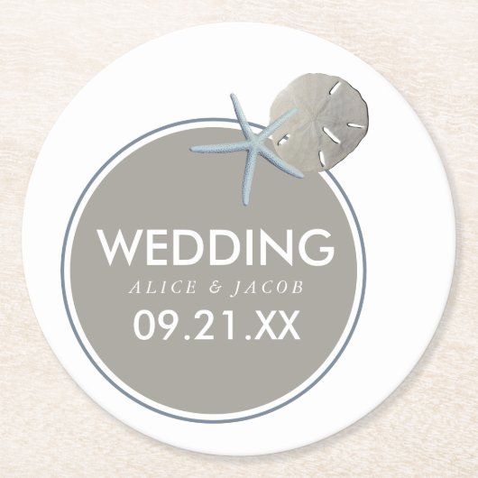 Zeester en Zanddollar - Strand Huwelijk Ronde Kartonnen Onderzetter (Voorkant)