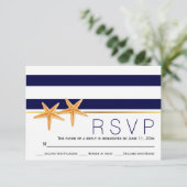 Zeester & marine blauwe strepen strand bruiloft RS RSVP Kaartje (Staand voorkant)
