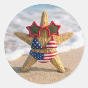 Zeester met vlag bikini en ster zonnebril ronde sticker