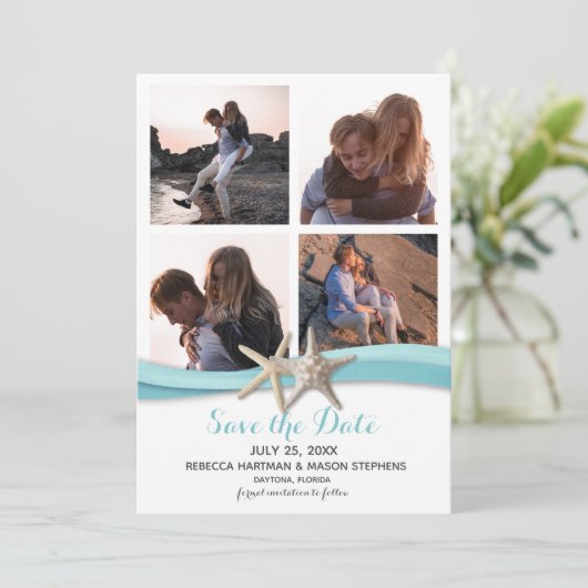 Zeester Oceaan Blauw Strand Bruiloft Multi Foto Save The Date (Staand voorkant)