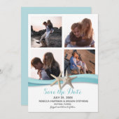 Zeester Oceaan Blauw Strand Bruiloft Multi Foto Save The Date (Voorkant / Achterkant)
