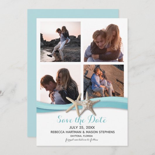 Zeester Oceaan Blauw Strand Bruiloft Multi Foto Save The Date (Voorkant / Achterkant)
