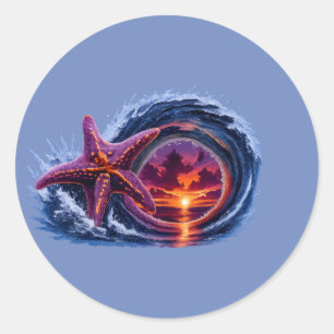 Zeester Oceaan Golf Zonsondergang Design   Tropisc Ronde Sticker