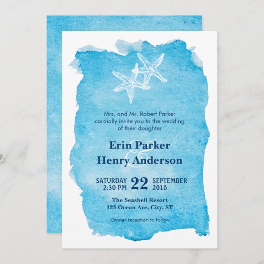 Zeester op Waterverf bruiloft uitnodiging (Voorkant / Achterkant)