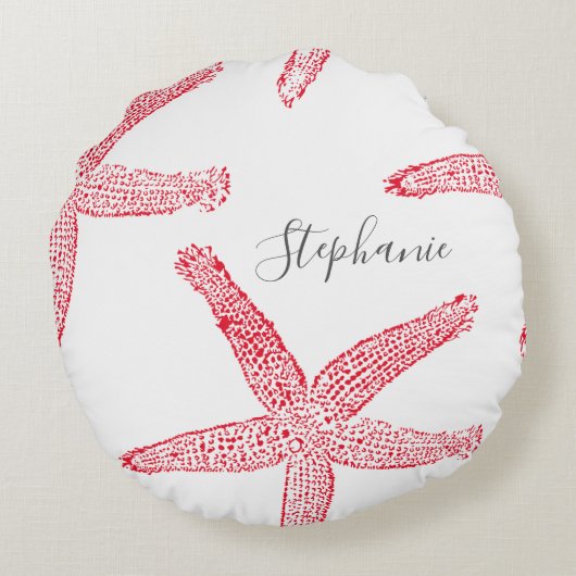 Zeester Rood Wit Strand Naam Sjabloon Kerst Rond Kussen (Achterkant)