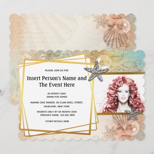 Zeester schelp geometrisch gouden fotofeestje kaart (Voorkant / Achterkant)