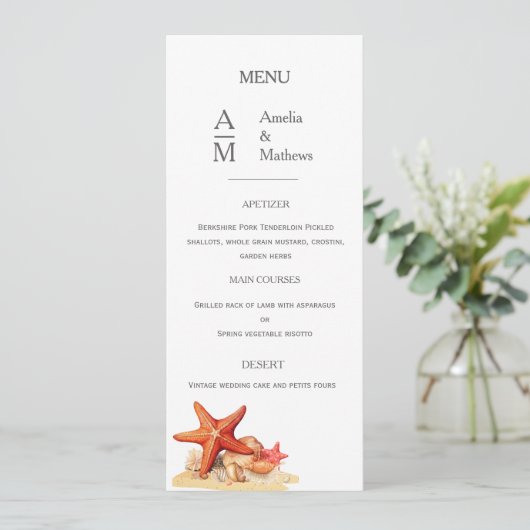 Zeester schelpen strand nautische bruiloft Flat Me Menu (Staand voorkant)