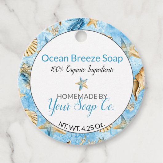 🌊 Zeester Waterverf Strand-thema zeep hang Labels (Voorkant)
