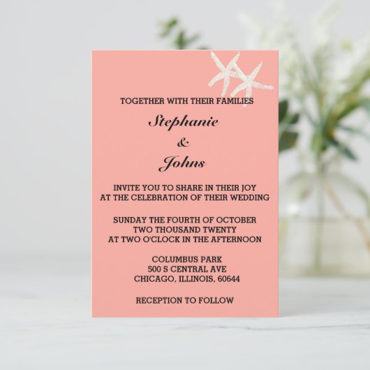 Zeester Witte Zalm Sinaasappel Custom Kleur Weddin Kaart (Staand voorkant)