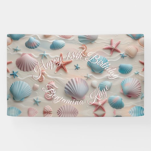 Zeester, Zeeschelp, Zeepaardjes & Pastel Zandfeest Spandoek (Horizontaal)