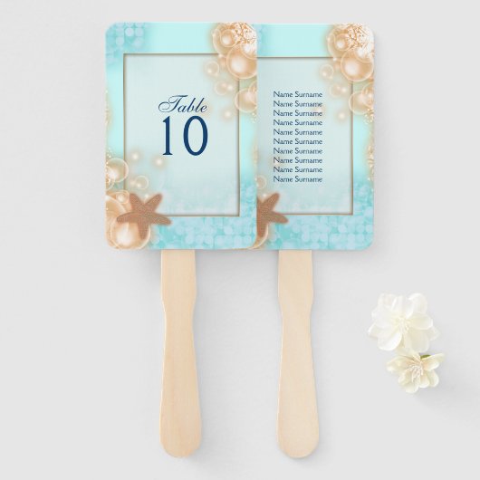 Zeesterren bubbels hawaii blauw sinaasappel tafel handwaaier (Voorkant en achterkant)