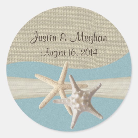 Zeesterren & Burlap Ocean Sky Blue Ronde Sticker (Voorkant)
