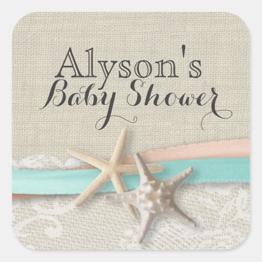 Zeesterren en lint  Baby shower Vierkante Sticker (Voorkant)