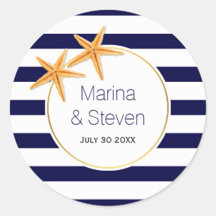 Zeesterren en strepen marineblauw strand bruiloft ronde sticker