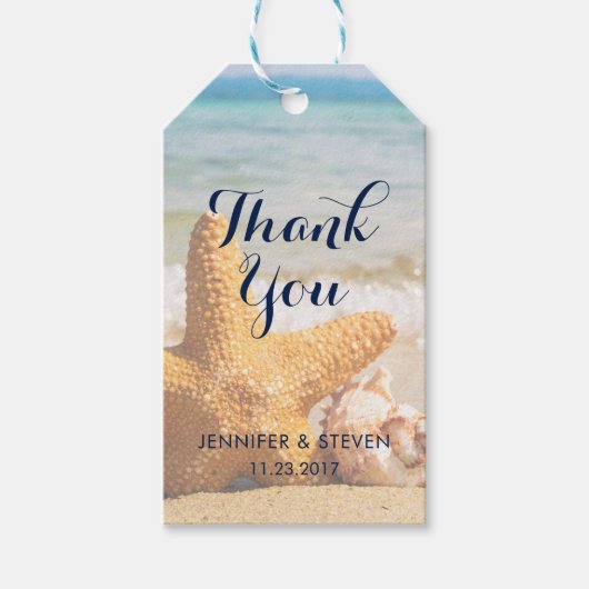 Zeesterren en zeeschelpen op het strand Dank u Cadeaulabel (Voorkant)