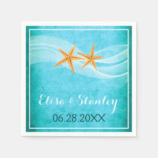 Zeesterren paar en sluier turquoise strand bruilof servetten (Voorkant)