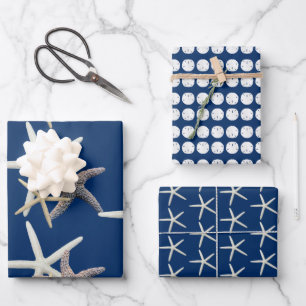 Zeesterren Zanddollars Donker Marineblauw Inpakpapier Vel
