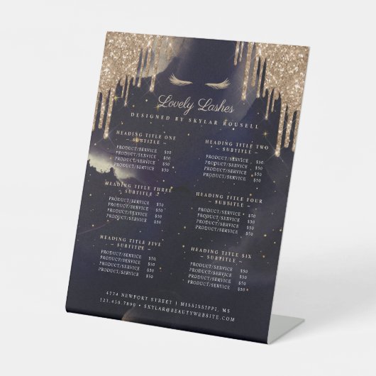 Zeevaart & goudglam Glitter Drift Eyelash Services Reclamebord Met Voetstuk (Voorkant)