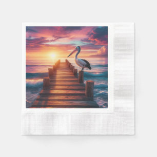 Zeevaart/kust/strand pelikaan zonsondergang servet