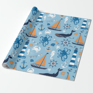 Zeevaart Oceaan Blauw en Oranje Cadeaupapier