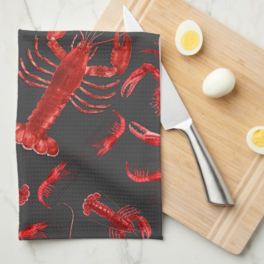 Zeevruchten Pattern Dark Gray Rustic Crawfish Lobs Theedoek (Quarter Fold)