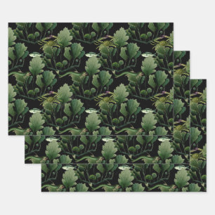 Zeewier en vis op zwart inpakpapier vel