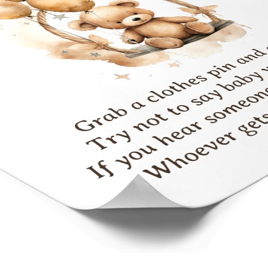 Zeg niet dat Baby teddybeer Baby shower spel Poster (Hoek)