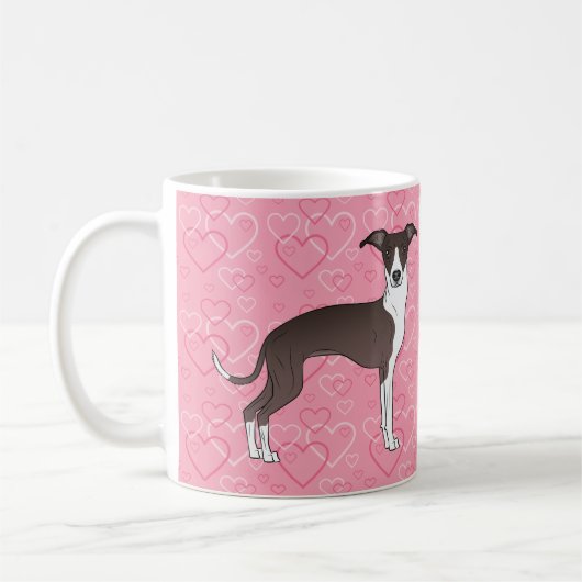 Zegel en witte Italiaanse grijnshond op roze harte Koffiemok (Links)
