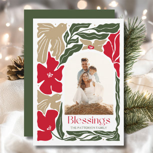 Zegeningen Bloemen Moderne Kerstmis Familiefoto Feestdagenkaart