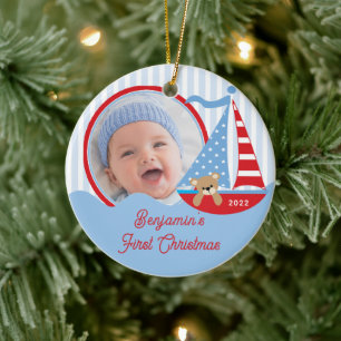 Zeilboot Baby's Eerste Kerstmis Foto Ornament