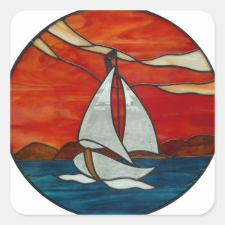 Zeilboot bij Sunset Glas in lood Art Design Vierkante Sticker