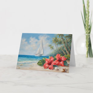 Zeilboot bij tropisch strand, hibiscusbloemen kaart
