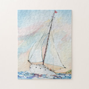 Zeilboot bij Zee Fine Art Waterverf Painting Legpuzzel
