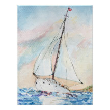 Zeilboot bij Zee Fine Art Waterverf Painting