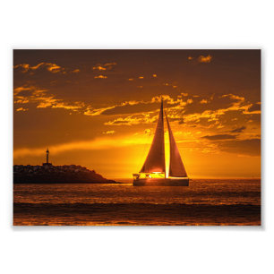 Zeilboot bij zonsondergang - Marina Del Rey, CA Foto Afdruk