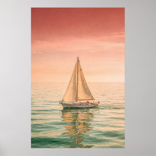 Zeilboot bij zonsondergang op rustig water poster