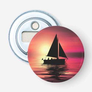 Zeilboot bij zonsondergang op zee Kunst ontwerp Button Flesopener