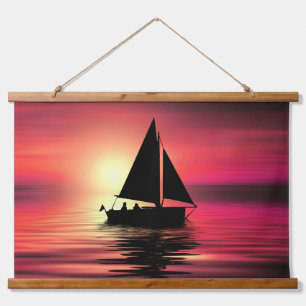 Zeilboot bij zonsondergang op zee Kunst ontwerp Hangend Wandkleed