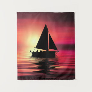 Zeilboot bij zonsondergang op zee Kunst ontwerp Wandkleed