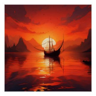 Zeilboot bij zonsondergang - Red Ocean Serenity Ar Perfect Poster