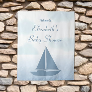 Zeilboot Blauw Aquarel Jongens Baby Shower Wandkleed
