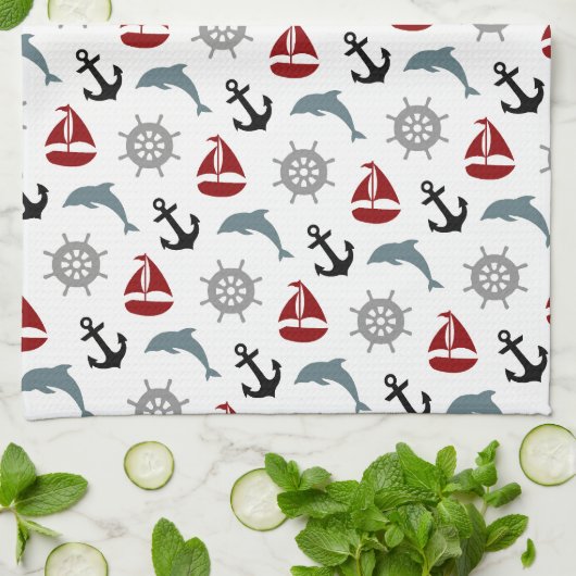 Zeilboot Dolphin Anchor Pattern marine en Red Theedoek (Gevouwen)